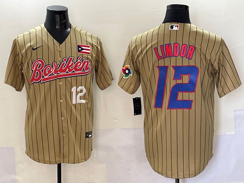 Men Puerto Rico 12 Lindor Brown Stripe Joint Name 2025 Nike MLB Jersey style 7